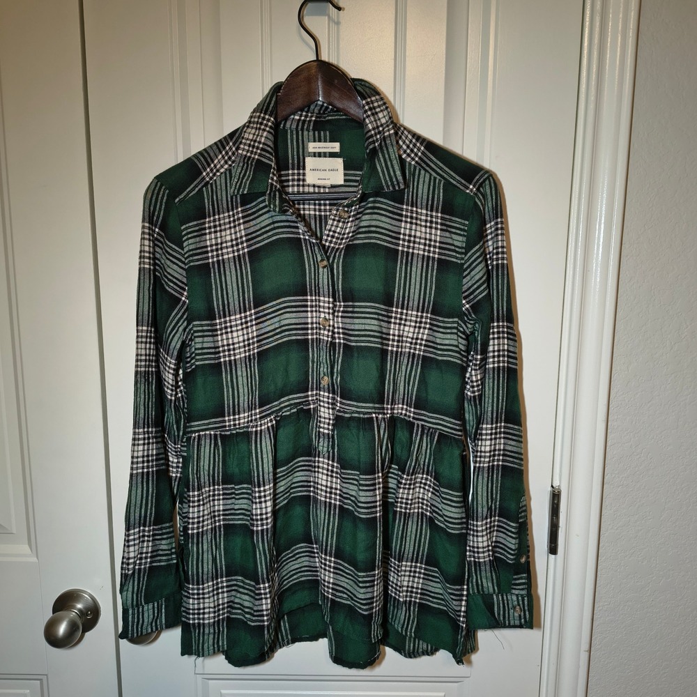 American Eagle Green Plaid Flannel Babydoll Shirt Jegging Fit XS Soft Top